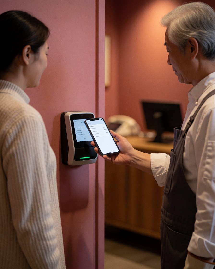 Customer scanning a digital ticket on a smartphone at the entrance of an entertainment center with a pink wall.