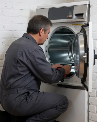 Technician using a tool to inspect the inside of an industrial dryer against a white brick wall.