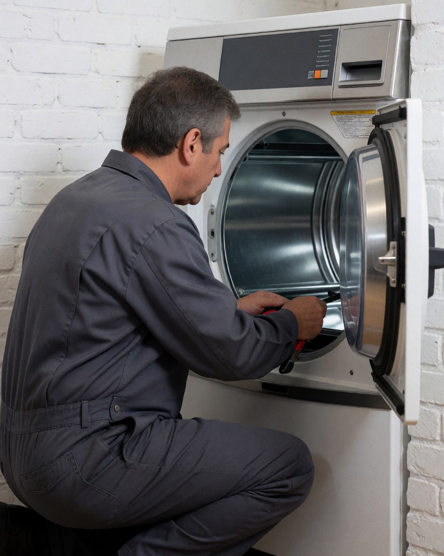 Technician using a tool to inspect the inside of an industrial dryer against a white brick wall.