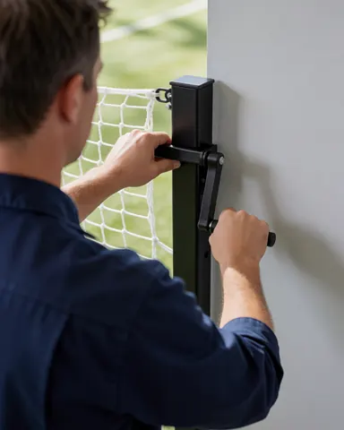 Technician adjusting tennis net with tool, clean wall and natural light, tennis court installer.