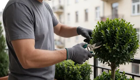Gardener trimming boxwood with shears on a balcony with a blurred urban background