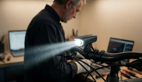Bicycle headlight illuminated in a clean workshop while a hand works on a carbon handlebar during professional service.