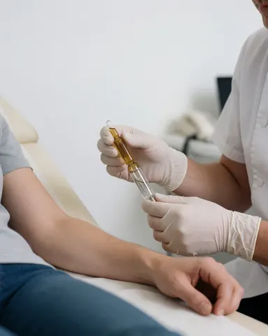 A professional wearing gloves prepares an ampoule for a client's arm in a white clinic setting.