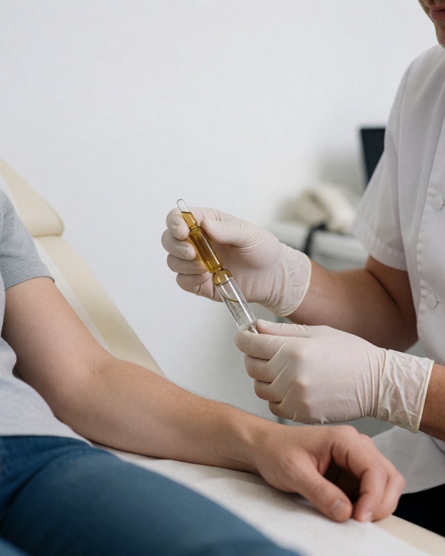 A professional wearing gloves prepares an ampoule for a client's arm in a white clinic setting.