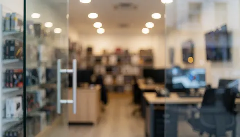Blurred background of a computer repair store with shelves of components, monitors, and warm lighting, suitable for business text overlays
