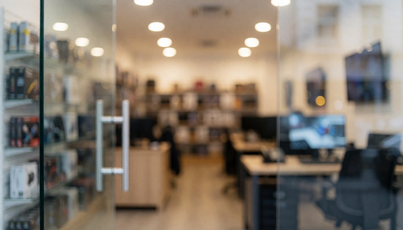 Blurred background of a computer repair store with shelves of components, monitors, and warm lighting, suitable for business text overlays