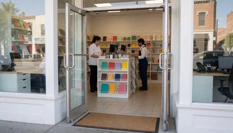 Stationery shop entrance featuring colorful notebooks on shelves, glass doors, and a welcome mat