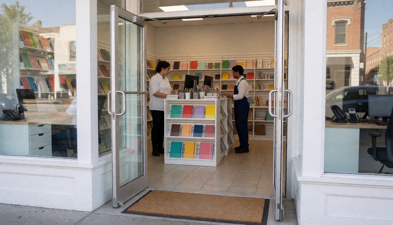 Stationery shop entrance featuring colorful notebooks on shelves, glass doors, and a welcome mat