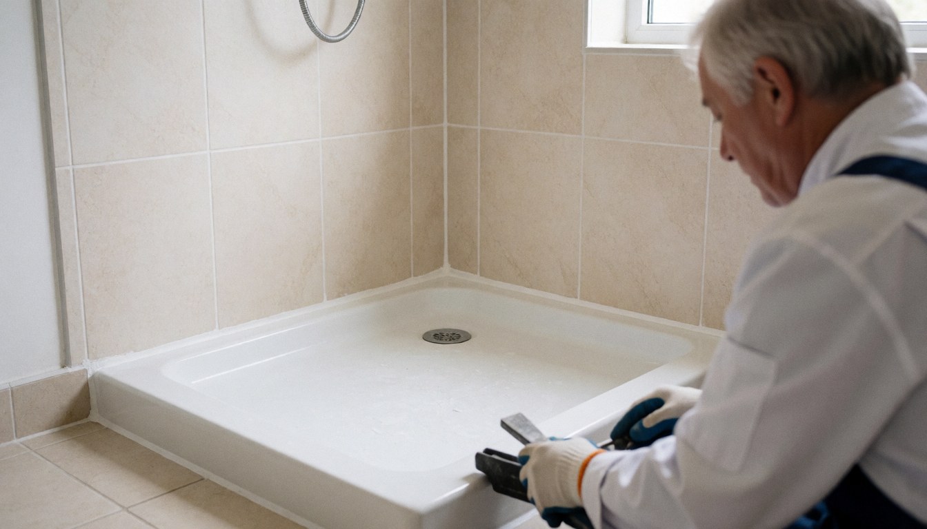 A professional installer applies silicone sealant to a white fiberglass shower using a tool, showcasing clean and precise workmanship.