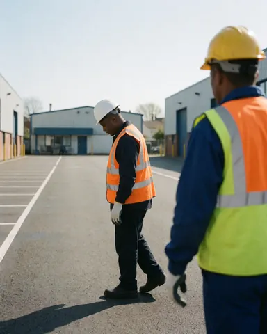Two workers wearing helmets and vests inspecting a clean industrial parking lot with white lines under a clear sky.