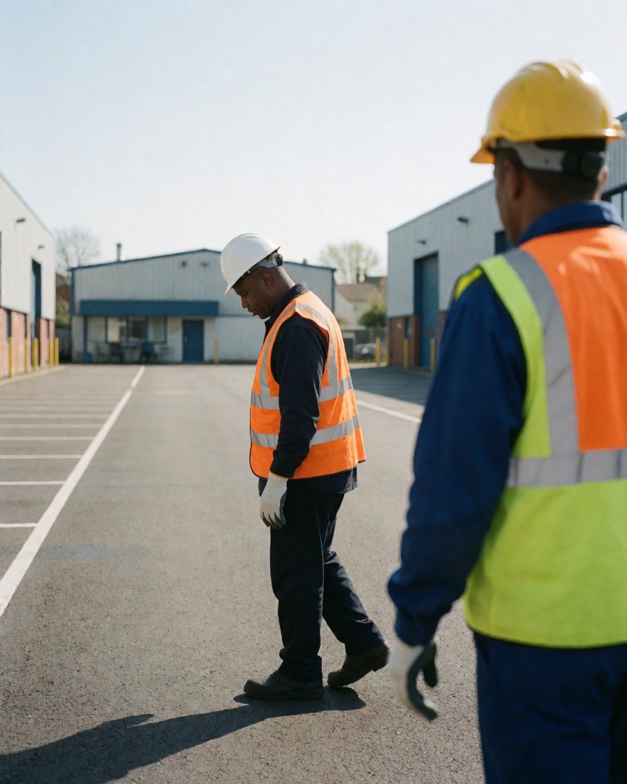 Two workers wearing helmets and vests inspecting a clean industrial parking lot with white lines under a clear sky.