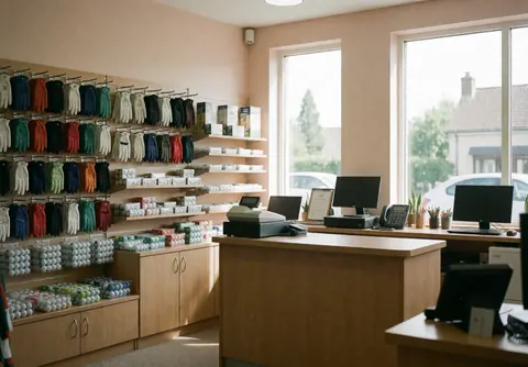 Golf shop interior with gloves and balls on wooden shelves, natural light, and a wooden counter