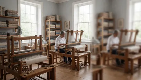 A person operates a wooden loom in a craft workshop with finished fabrics on shelves and natural light from windows