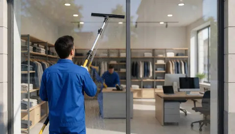 Worker in blue uniform cleaning a retail store window with a water blower, with light reflections and clothes visible on shelves inside.