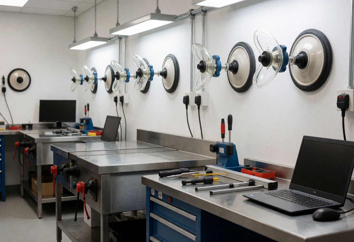 Stainless steel cutting tables, precision tools, and wall-mounted glass suction cups in a bright LED-lit window workshop.