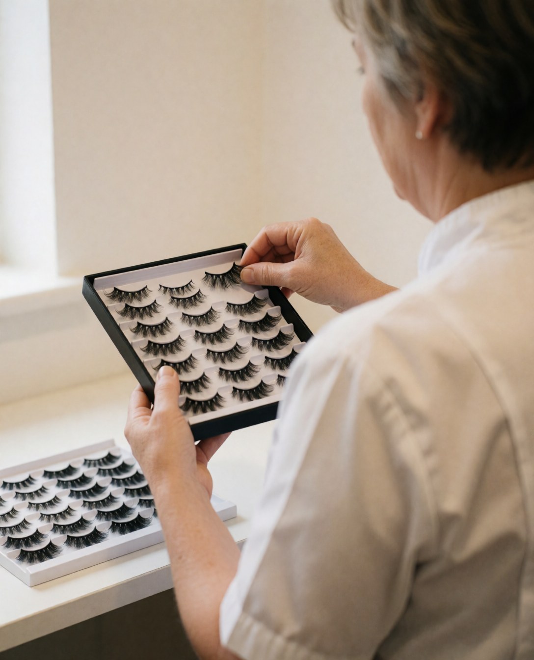 A makeup artist chooses false eyelashes from a tray in a clean, well-lit studio.