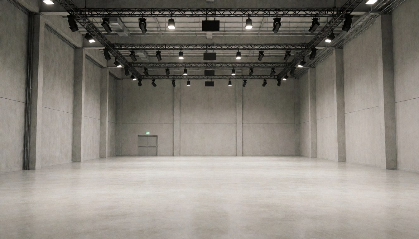 Empty event space with concrete walls, metal ceiling structures, and professional lighting, ideal for presentations.