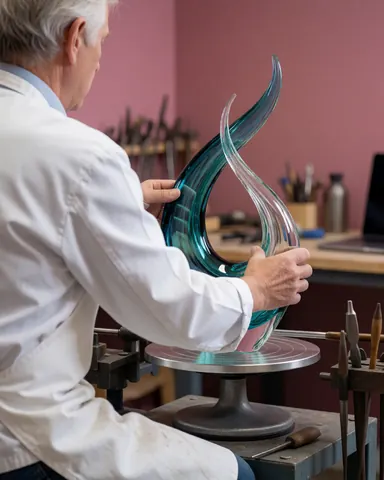 Glass artist adjusting a glass sculpture on a rotating lathe in a workshop with pink walls and visible tools
