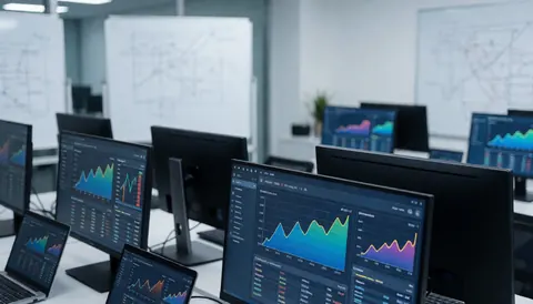 Modern data room with monitors showing cycling graphs, tactical whiteboards, and cool lighting, ideal for cycling coaches.