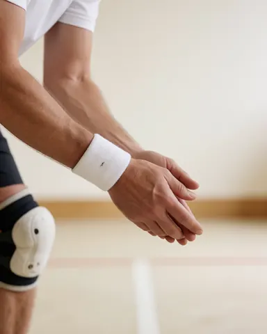 Close-up of volleyball player hands forming a platform to hit the ball, wearing knee pad and white wristband in a gym with light floor