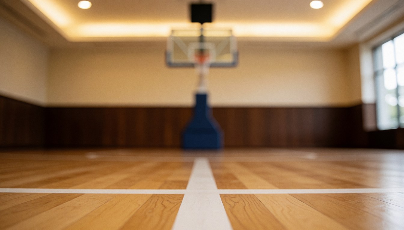 Focused white free throw line on a wooden basketball court with a blurred hoop, walled background, and warm lighting, ideal for text overlay.