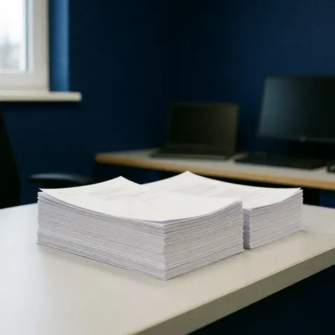 Two stacks of freshly copied documents rest on a white office desk with blue walls and a computer in the background.