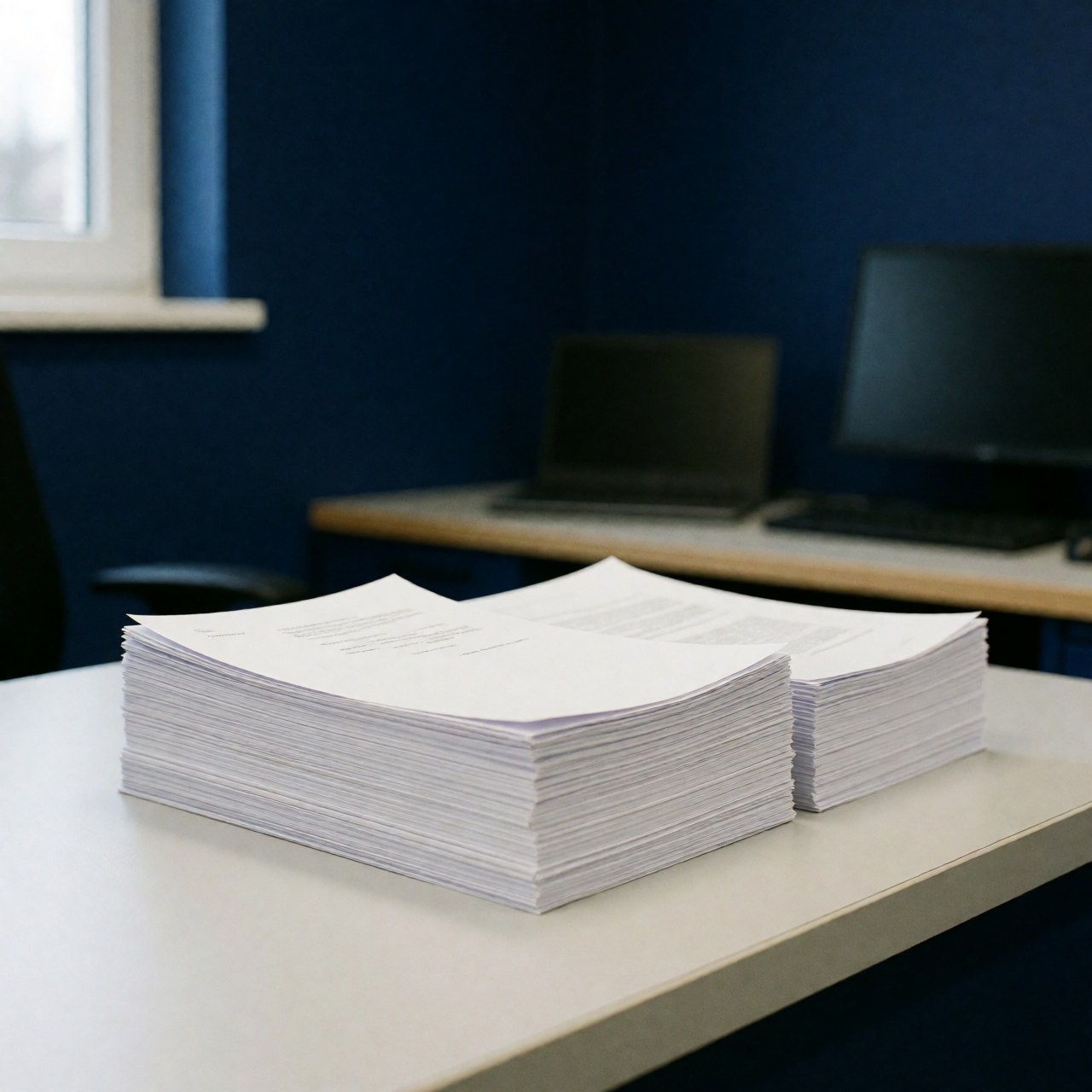 Two stacks of freshly copied documents rest on a white office desk with blue walls and a computer in the background.
