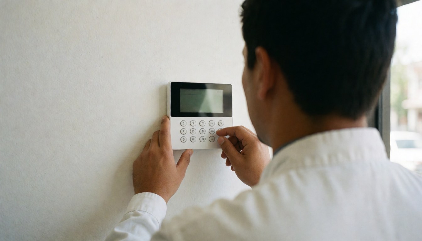 Technician programming a security alarm panel on a white wall, viewed from behind with visible hands and a soft background