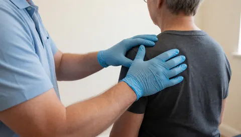 Therapist wearing blue gloves performing a shoulder massage in a room with white walls