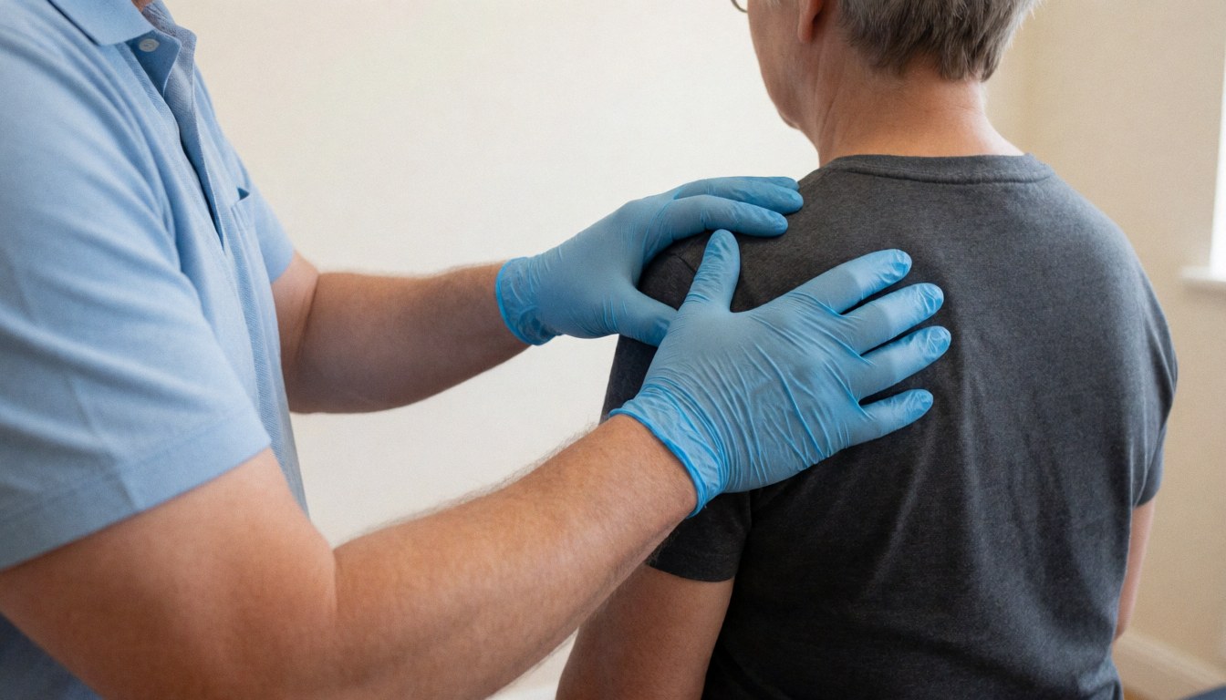 Therapist wearing blue gloves performing a shoulder massage in a room with white walls