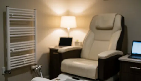 Relaxed pedicure salon background featuring a white chair, towel rack, and warm light, ideal for foot care service text overlays.