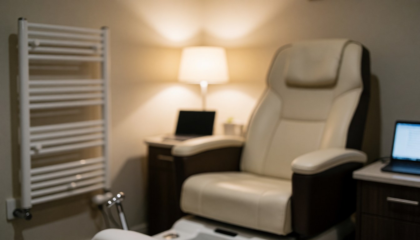 Relaxed pedicure salon background featuring a white chair, towel rack, and warm light, ideal for foot care service text overlays.