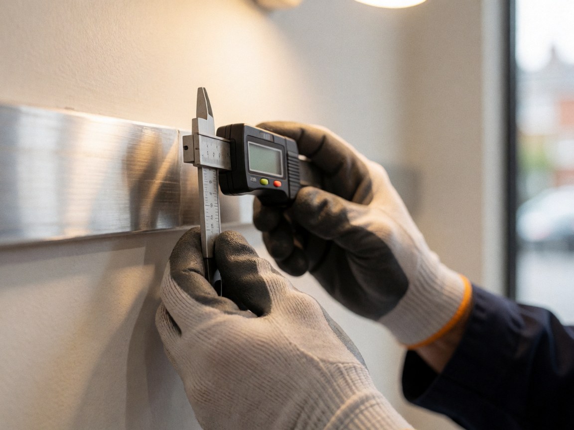 Gloved hands use a digital angle gauge to measure metal in a warm-lit industrial setting with a blurred background