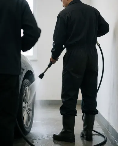 Mechanic in work clothes cleaning a car wheel with a high-pressure hose in a workshop with wet floor and white walls