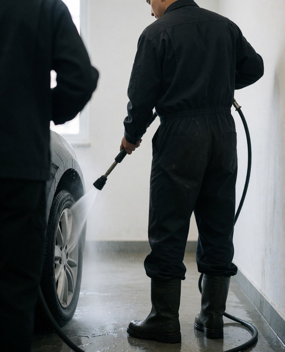 Mechanic in work clothes cleaning a car wheel with a high-pressure hose in a workshop with wet floor and white walls