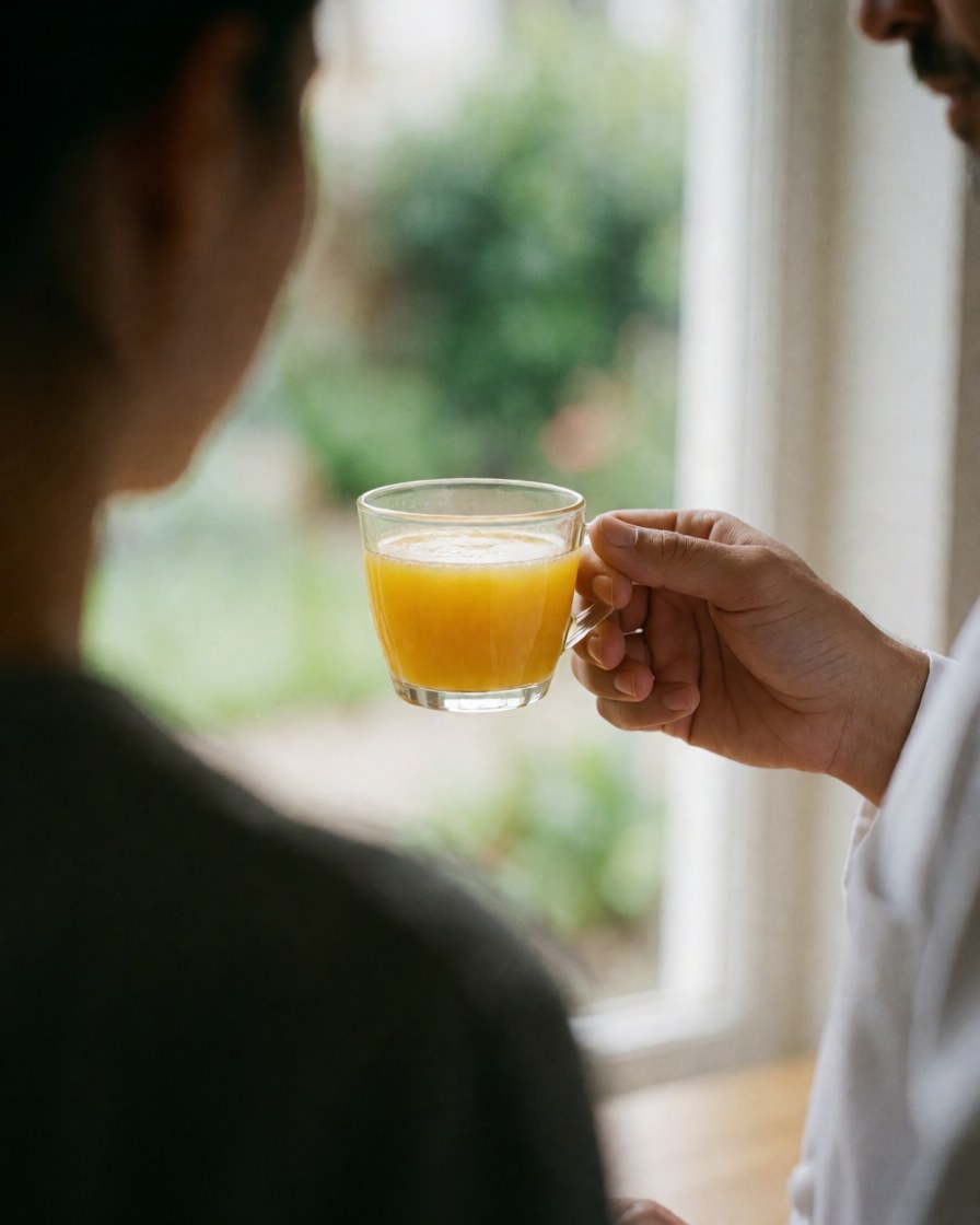 A guest holds a glass of fresh orange juice in a cozy bed and breakfast room with natural light and a garden view.