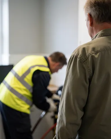 Technician in yellow vest connects gas hose to stove while customer watches in repair shop