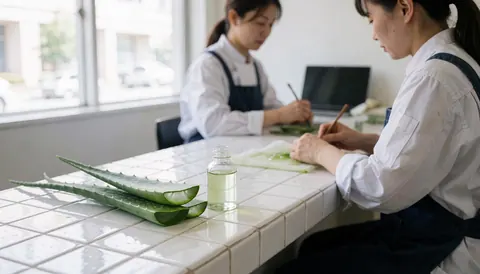 Two cut aloe vera leaves and a gel bottle on a white tiled table with people working in the background