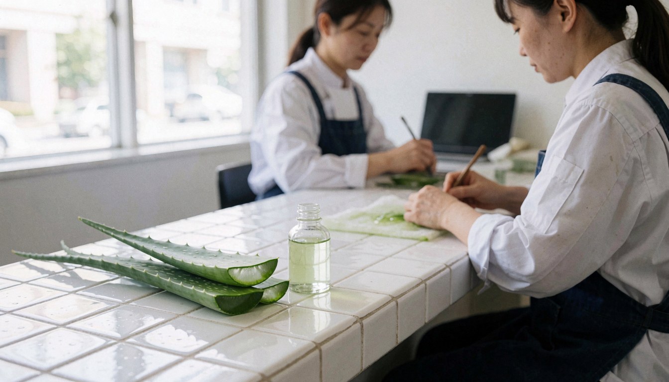 Two cut aloe vera leaves and a gel bottle on a white tiled table with people working in the background