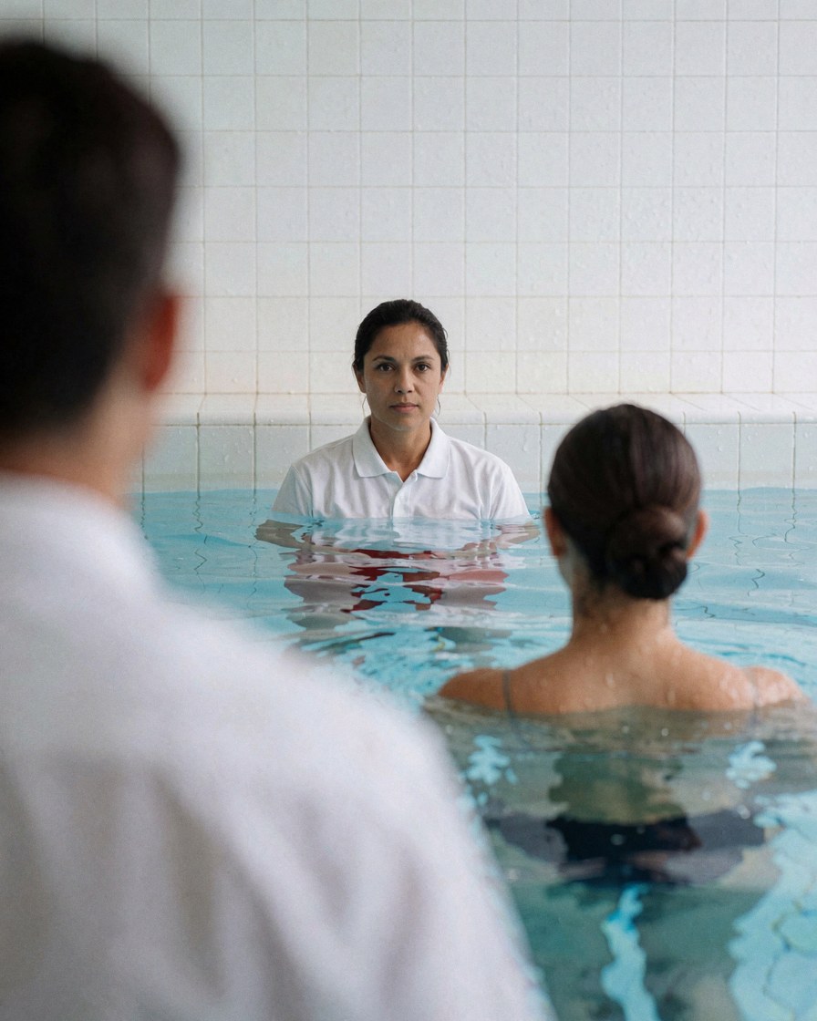 A lifeguard attentively monitoring a swimmer in a public pool with white walls and clear water