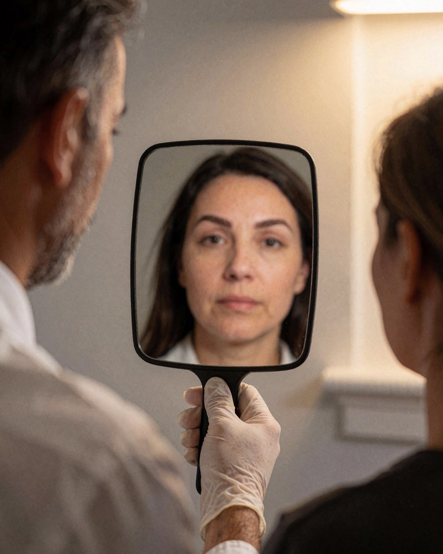 A technician wearing a latex glove holds a hand mirror to display the microblading results on a client in a salon with gray walls.