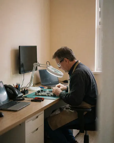 Close-up of a technician repairing a computer motherboard using a magnifying glass in a repair shop.