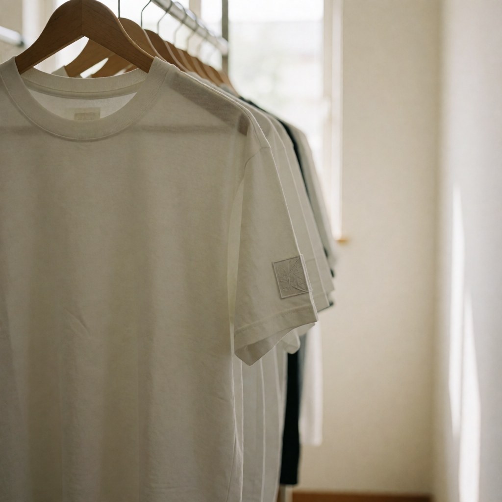 White t-shirt with embroidered patch on sleeve hanging on wooden hangers in a clean dressing room with white walls and natural light