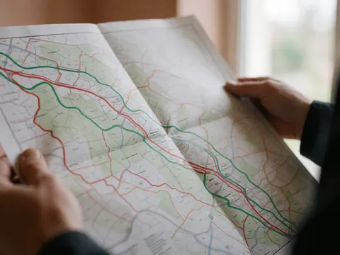 Close-up detail of a trail map featuring green and red lines held in hands against terracotta plaster walls with natural light highlighting paper texture