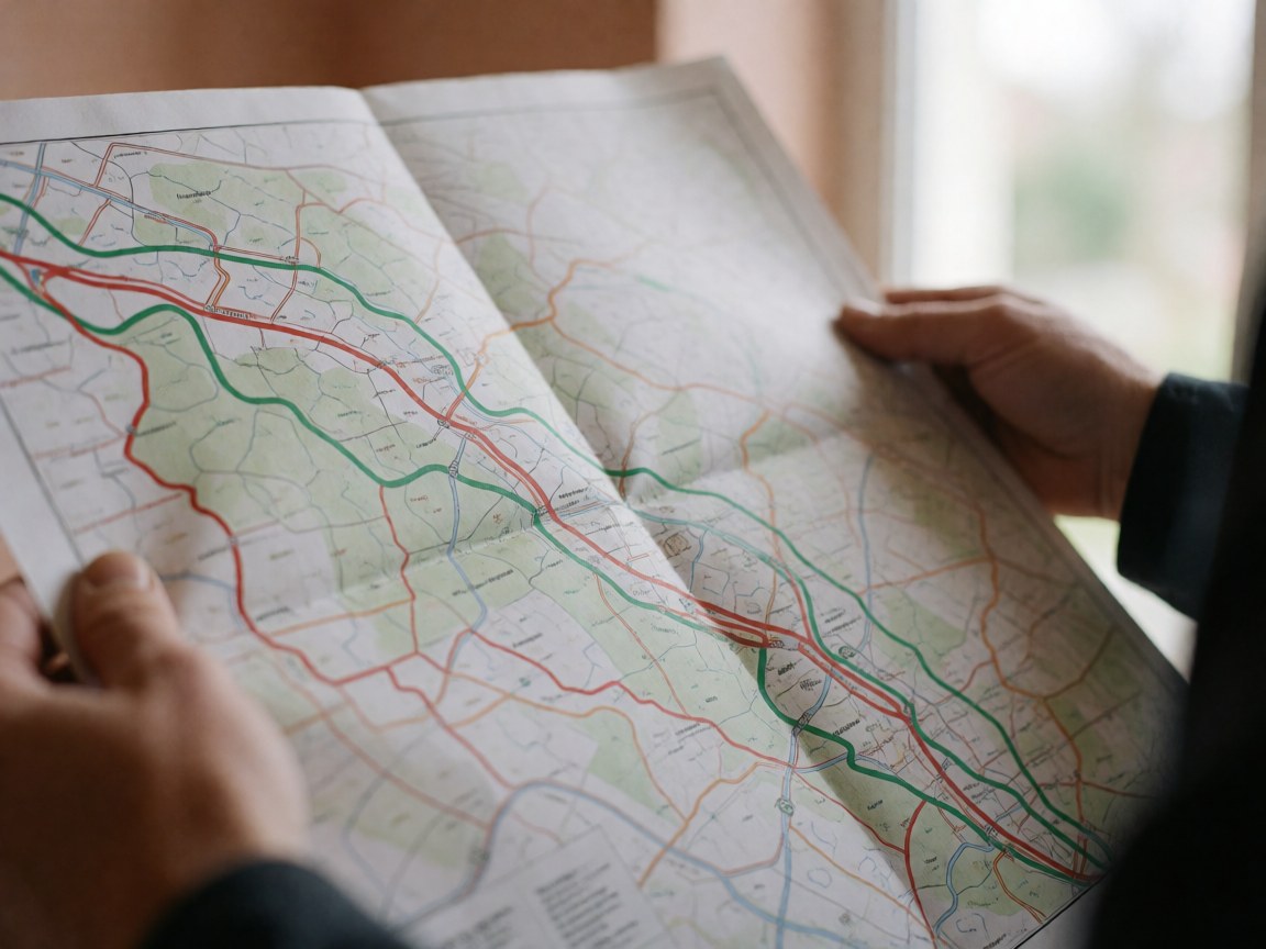 Close-up detail of a trail map featuring green and red lines held in hands against terracotta plaster walls with natural light highlighting paper texture