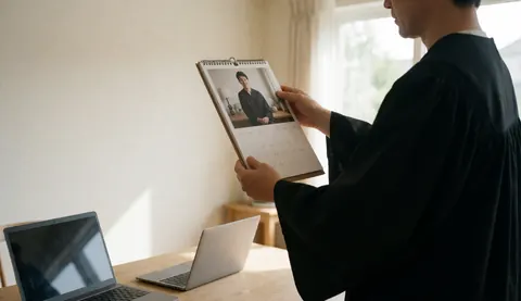 A graduate in a gown holds an open calendar featuring their photo in a room with natural light and computers on a desk.