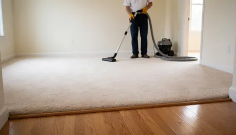Professional cleaner vacuuming a beige carpet in a living room with polished wood floors and warm white walls.