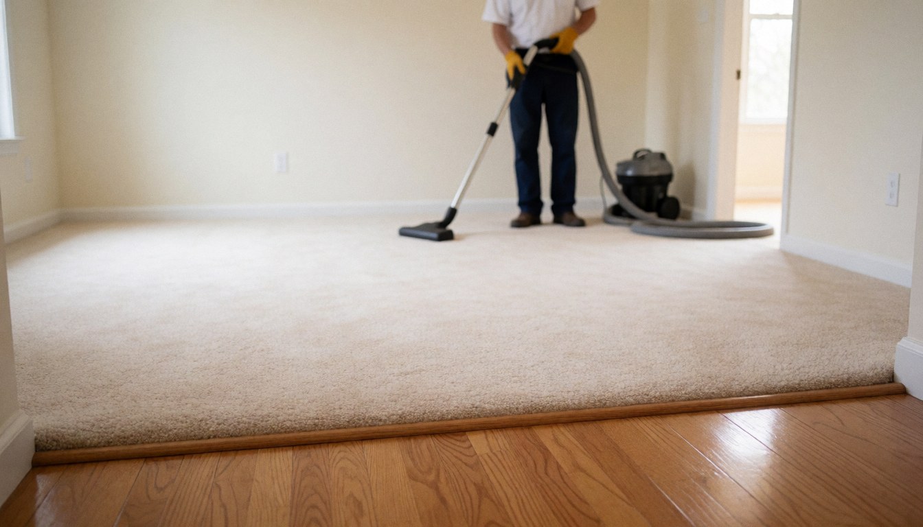 Professional cleaner vacuuming a beige carpet in a living room with polished wood floors and warm white walls.