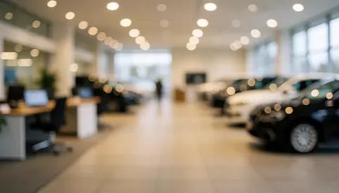 Blurred ceiling lights over tiled floor in a car dealership with vehicles lined up, serving as a clean background for text.