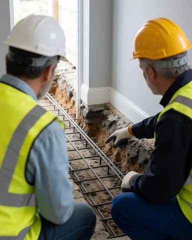 Two masons wearing safety helmets and vests inspect steel rebar grid in a foundation trench under natural light